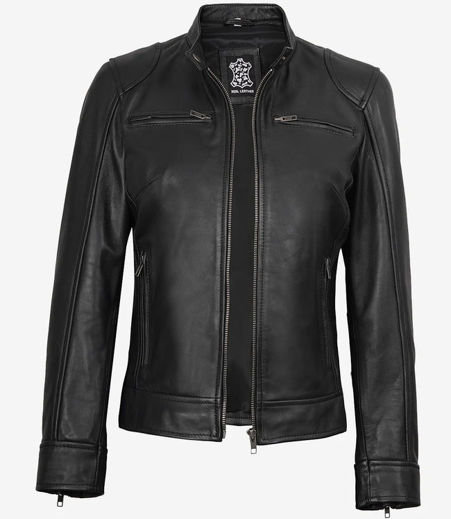 Womens Black Real Leather Moto Jacket