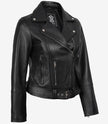 Womens Asymmetrical Black Leather Belted Biker Style  Jacket
