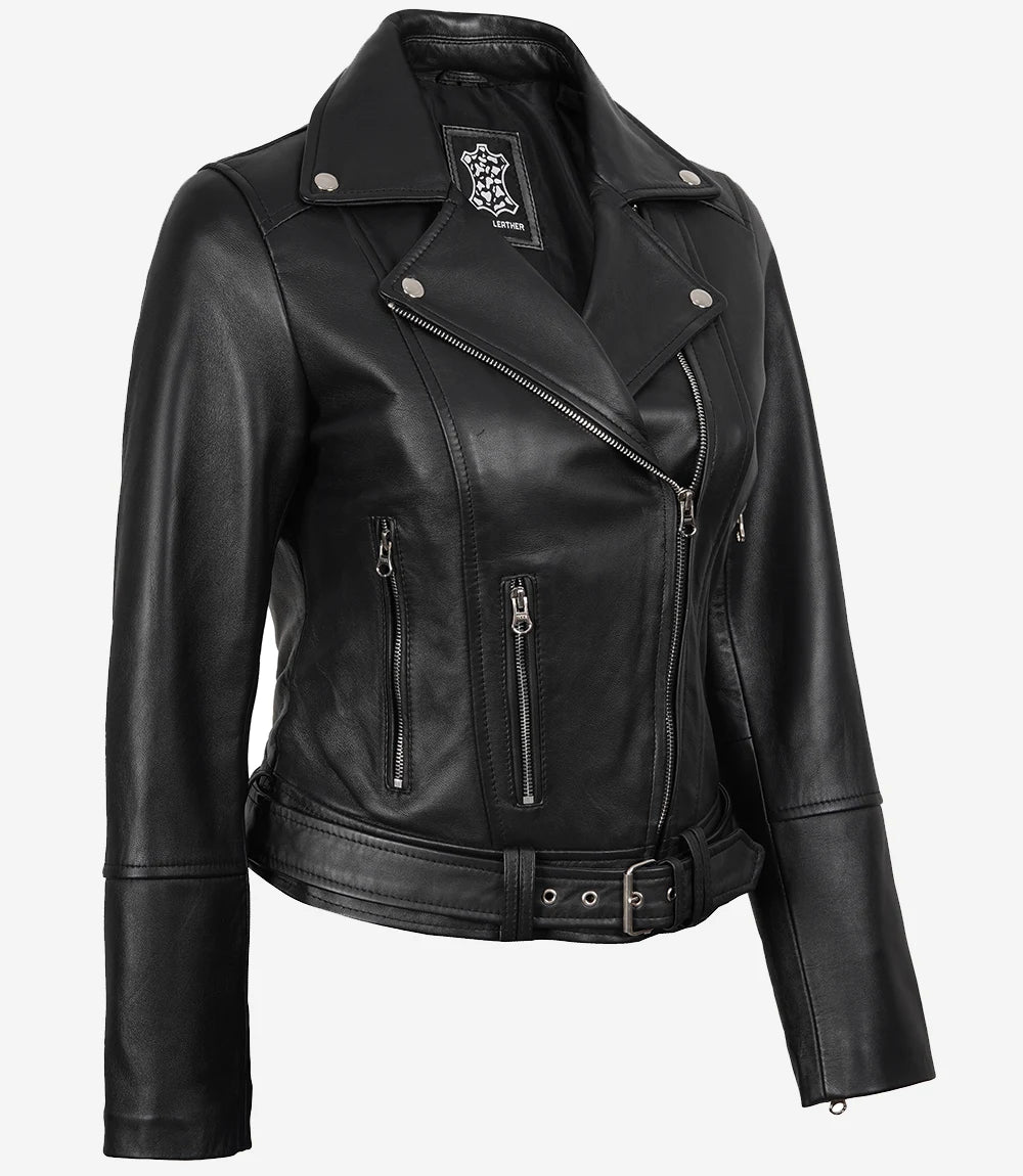 Womens Asymmetrical Black Leather Belted Biker Style  Jacket