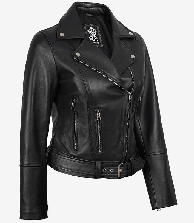 Womens Asymmetrical Black Leather Belted Biker Style  Jacket