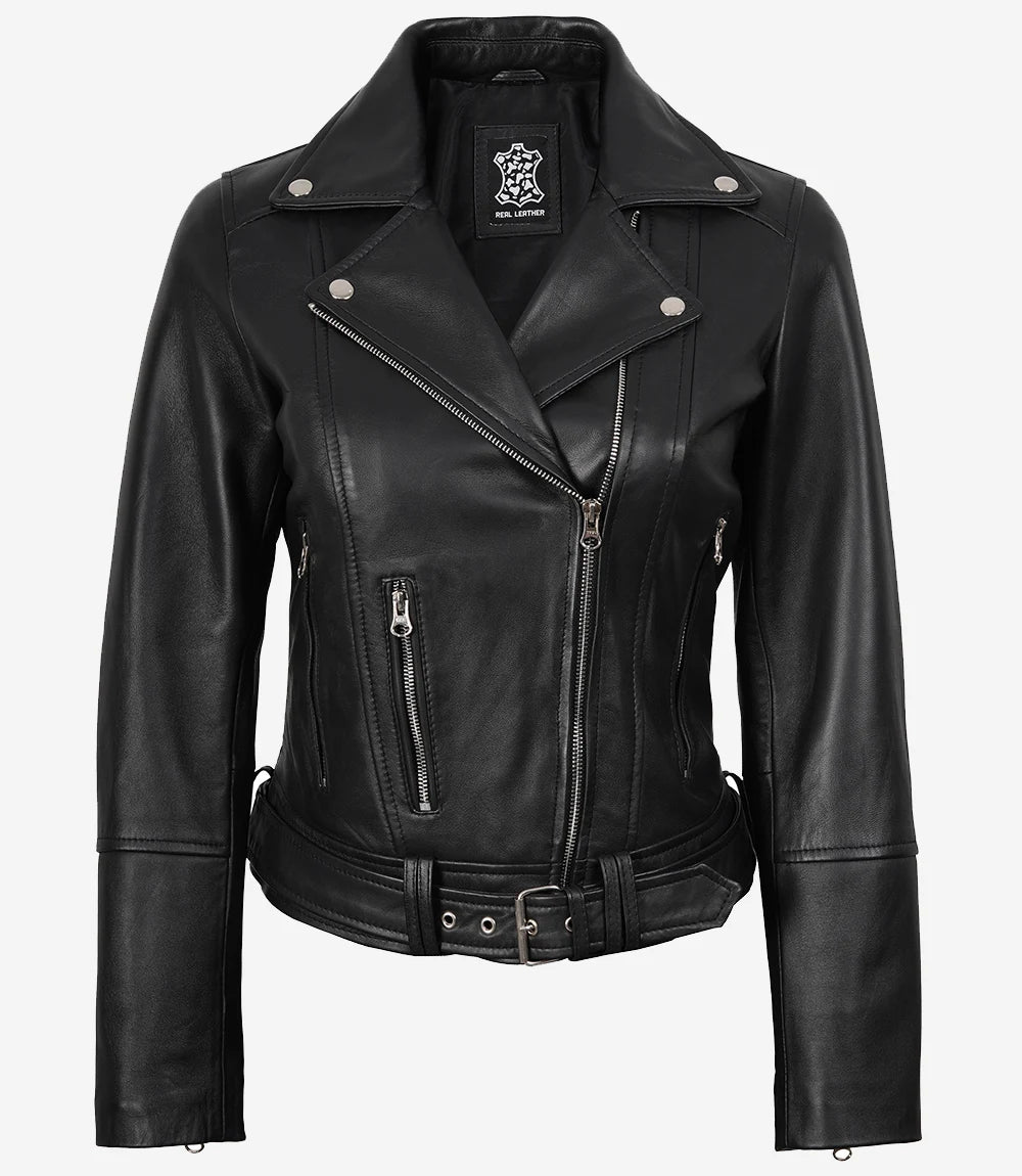Womens Asymmetrical Black Leather Belted Biker Style  Jacket