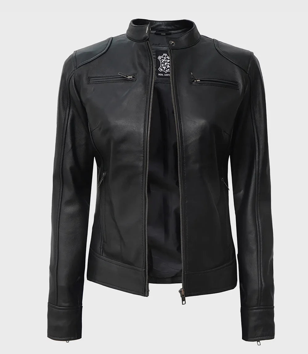 Womens Tall Black Leather Moto Jacket