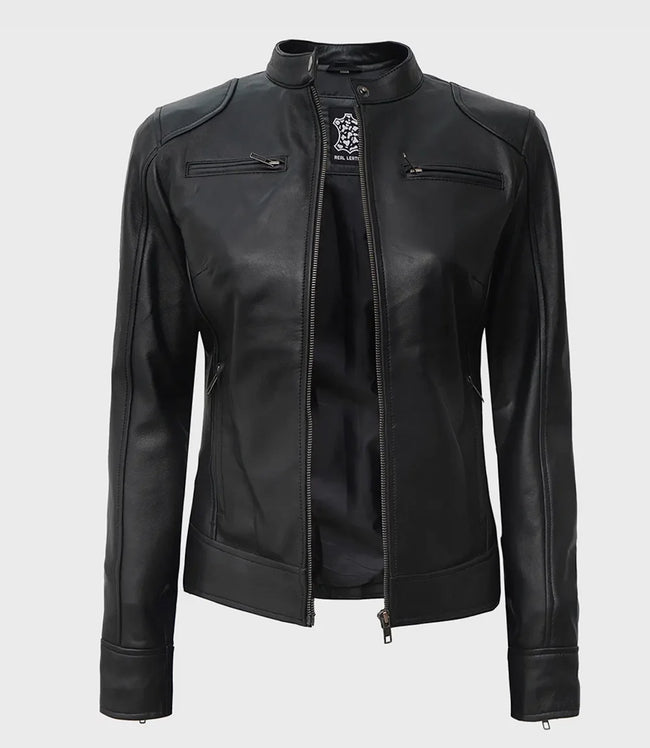Womens Tall Black Leather Moto Jacket