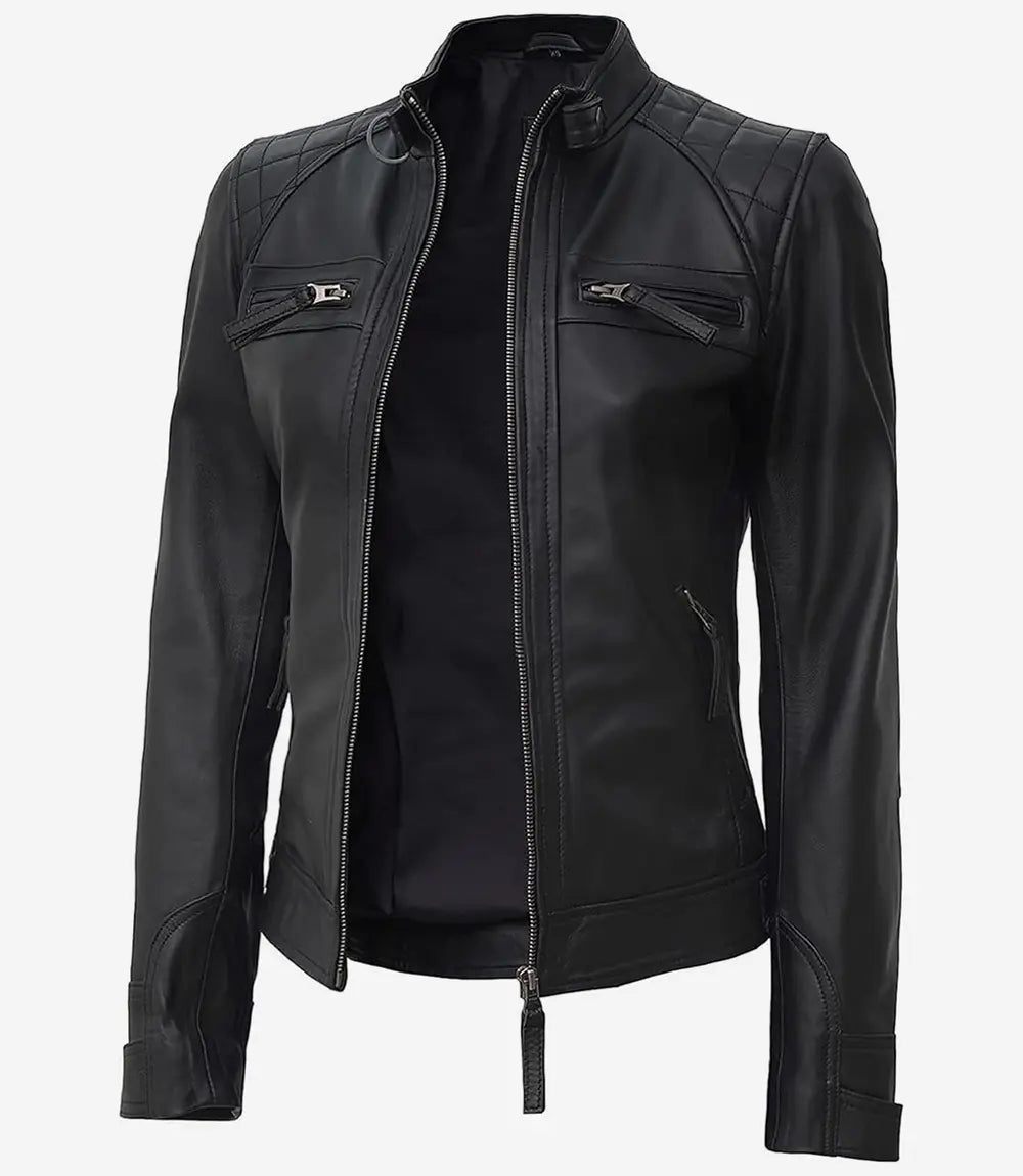 Womens Petite Black Leather Motorcycle Jacket