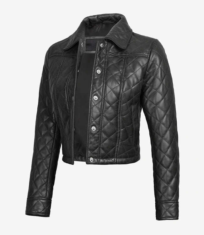 Womens Quilted Cropped Black Leather Jacket