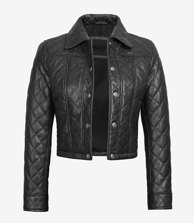 Womens Quilted Cropped Black Leather Jacket