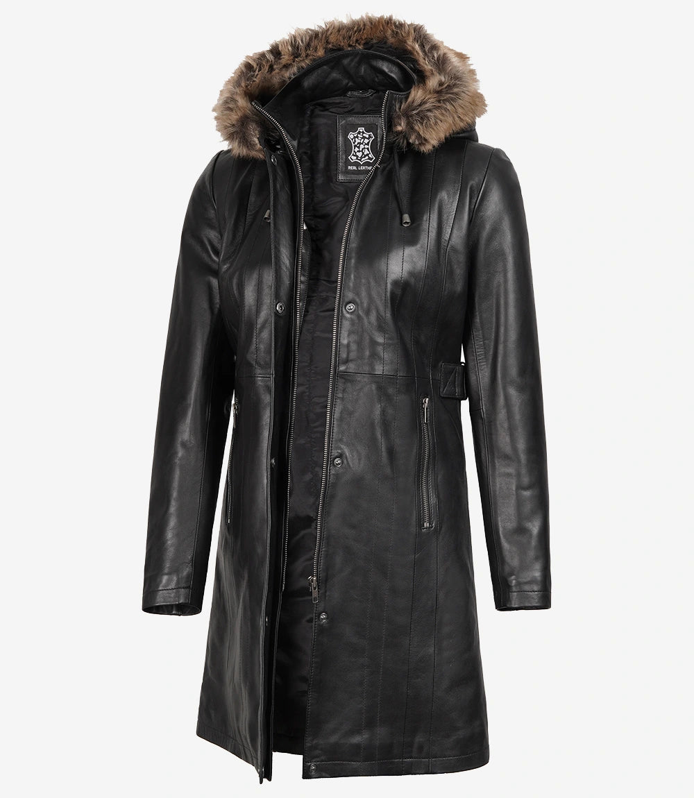 Womens Black Leather Coat With Fur Trim
