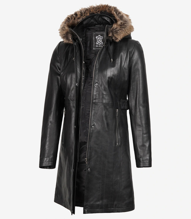 Womens Black Leather Coat With Fur Trim