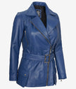 Womens Asymmetrical Blue Belted Moto Leather Jacket