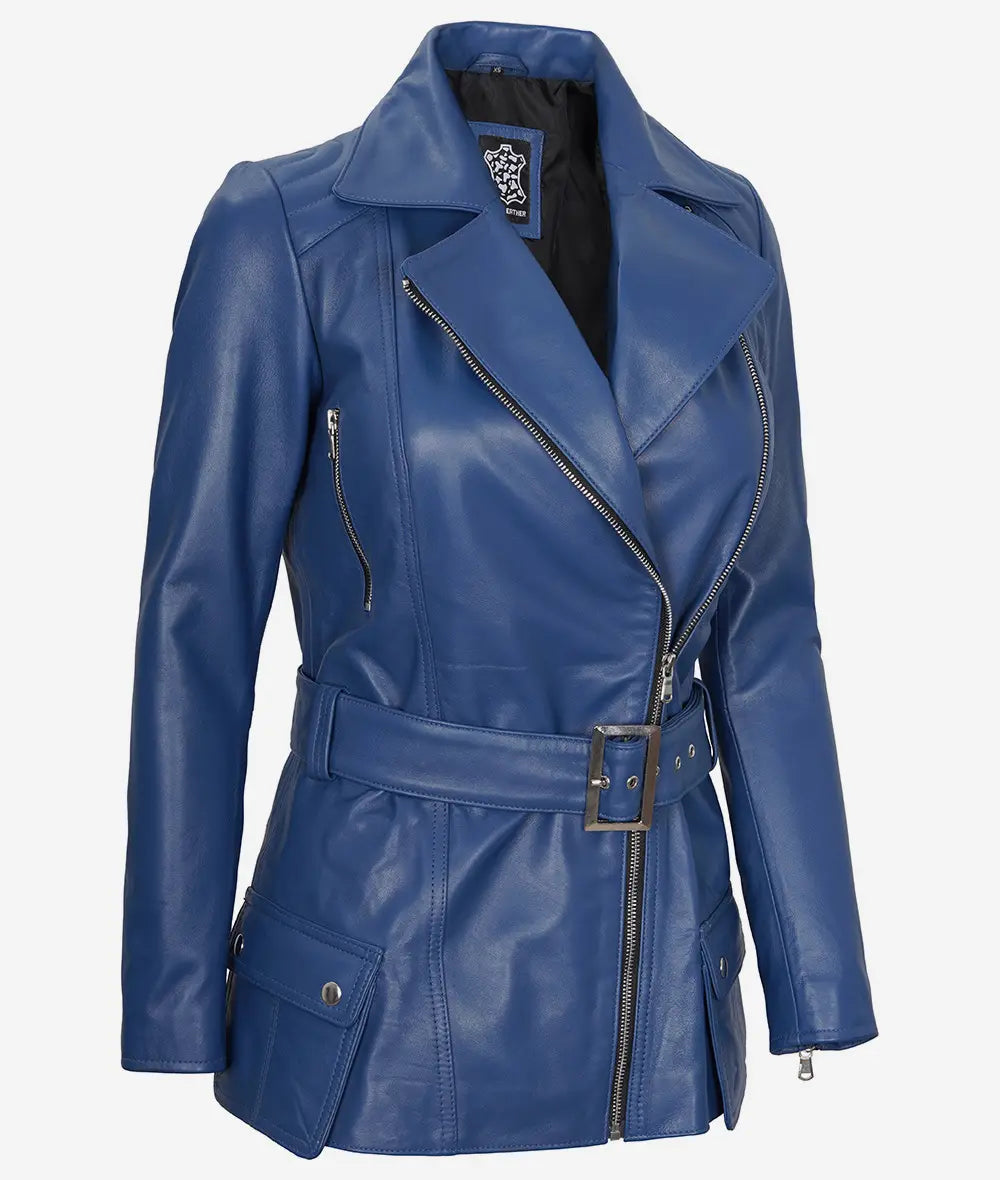 Womens Asymmetrical Blue Belted Moto Leather Jacket