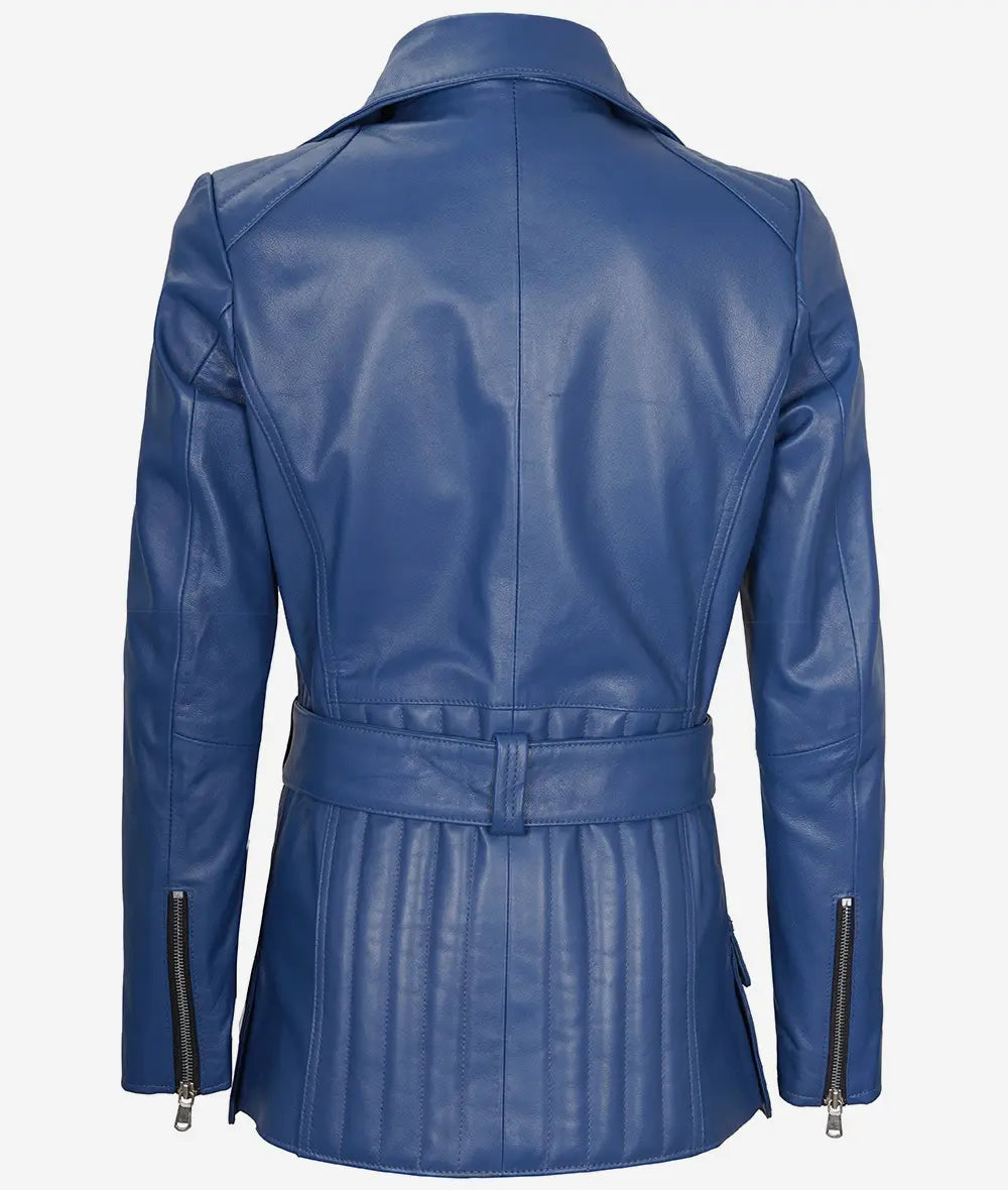 Womens Asymmetrical Blue Belted Moto Leather Jacket