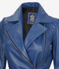 Womens Asymmetrical Blue Belted Moto Leather Jacket