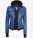 Womens Blue Bomber Jacket With Hood