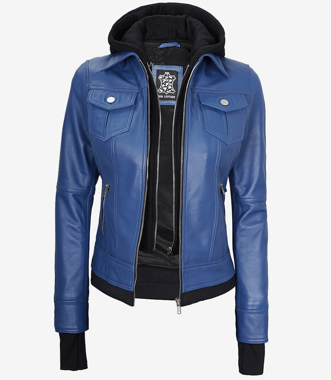 Womens Blue Bomber Jacket With Hood