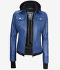 Womens Blue Bomber Jacket With Hood