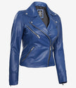 Womens Real Lambskin Leather Blue Moto Jacket