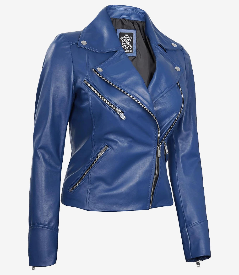 Womens Real Lambskin Leather Blue Moto Jacket