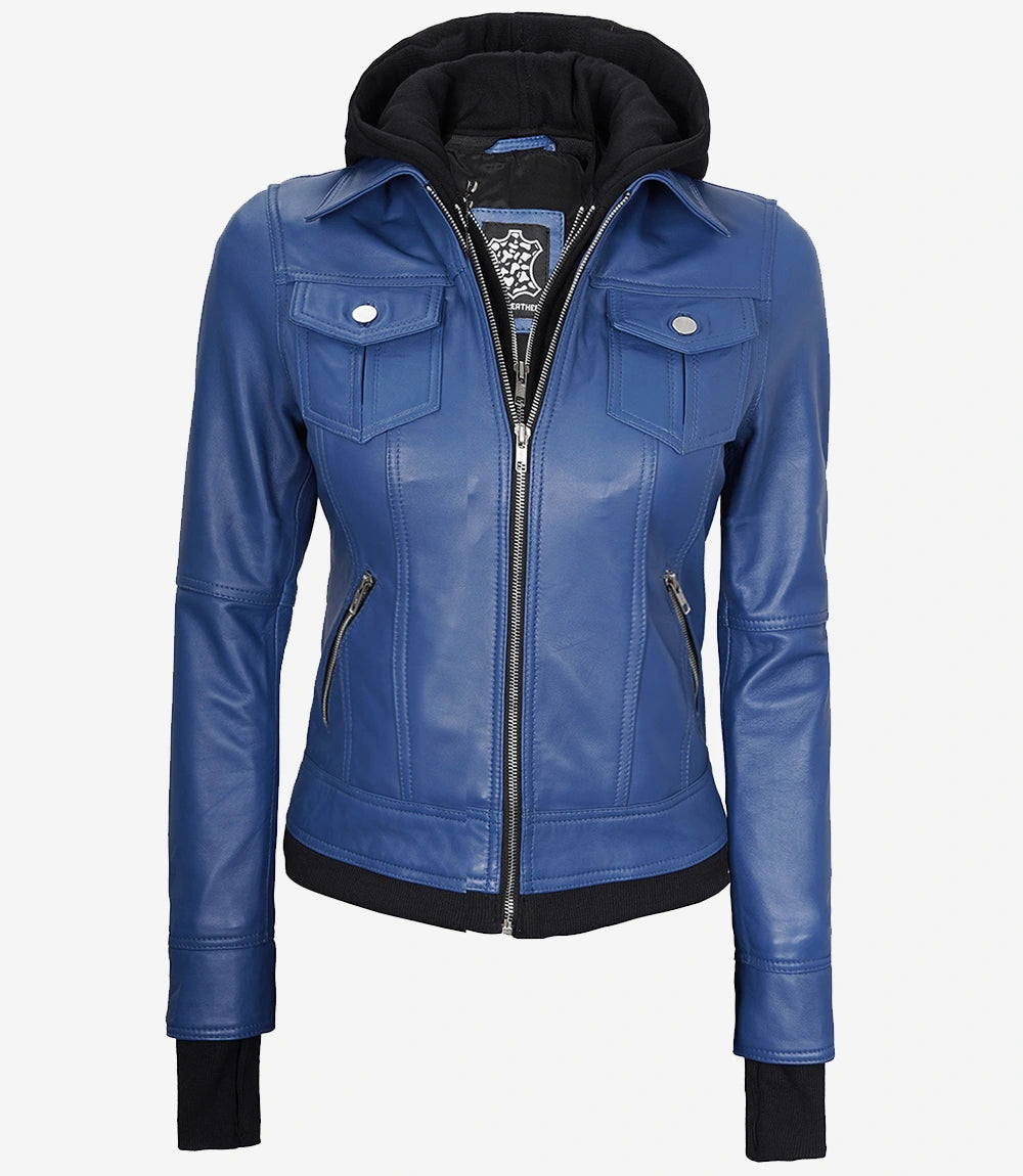 Womens Blue Bomber Jacket With Hood