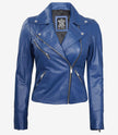 Womens Real Lambskin Leather Blue Moto Jacket
