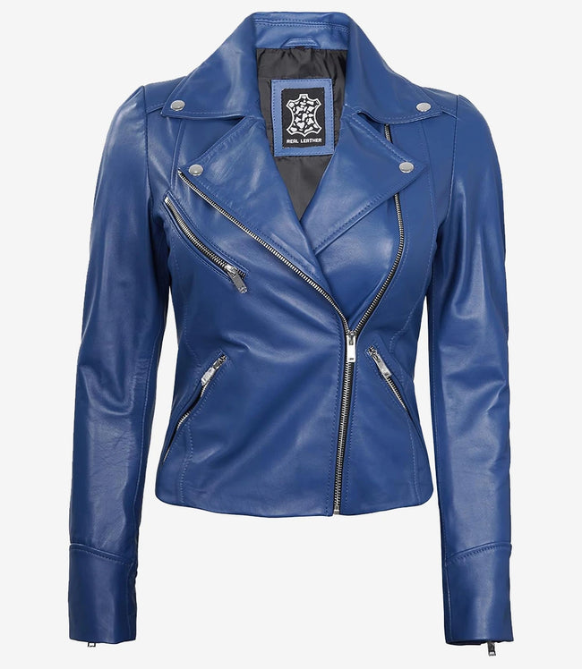 Womens Real Lambskin Leather Blue Moto Jacket