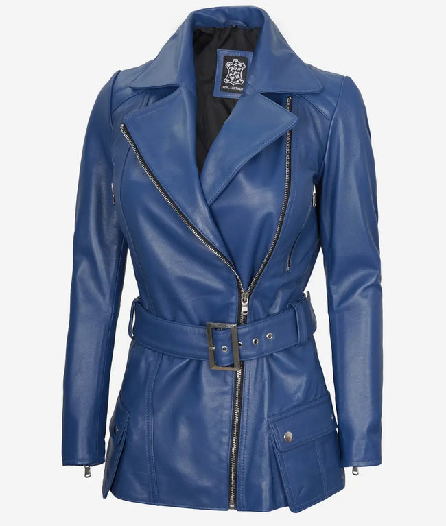 Womens Asymmetrical Blue Belted Moto Leather Jacket