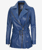 Womens Asymmetrical Blue Belted Moto Leather Jacket