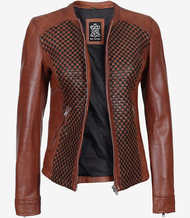 Womens Brown Textured Leather Biker Jacket