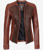Womens Brown Textured Leather Biker Jacket