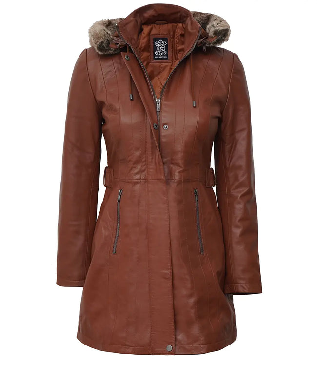 Womens Brown Leather Coat With Fur Hood