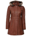 Womens Brown Leather Coat With Fur Hood