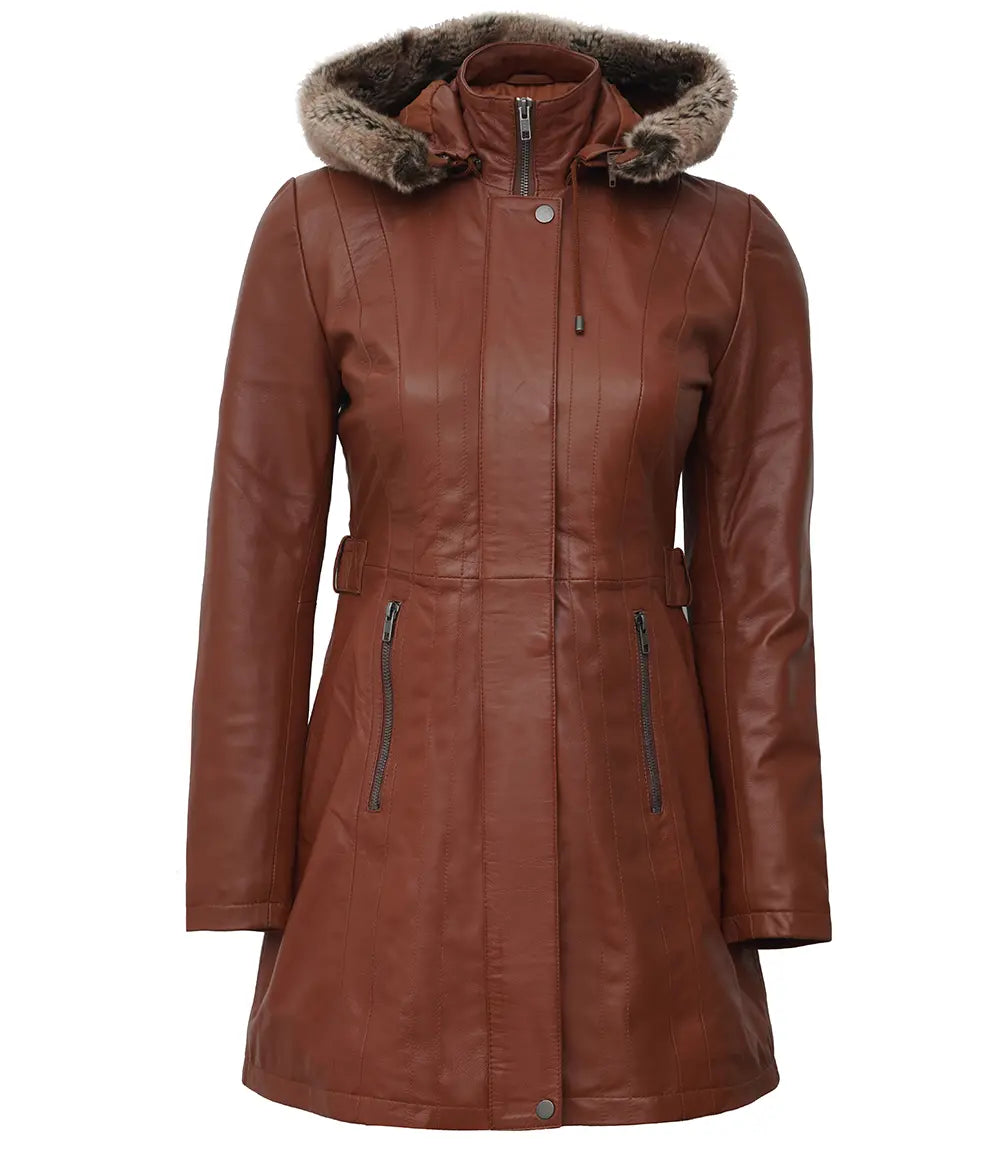 Womens Brown Leather Coat With Fur Hood