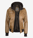 Womens Camel Brown Hooded Bomber Leather Jacket