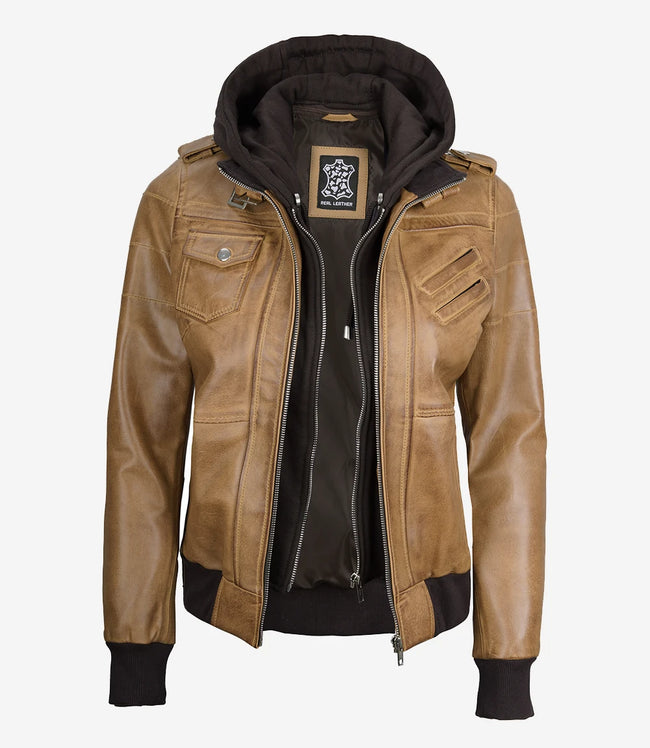 Womens Camel Brown Hooded Bomber Leather Jacket