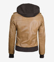 Womens Camel Brown Hooded Bomber Leather Jacket