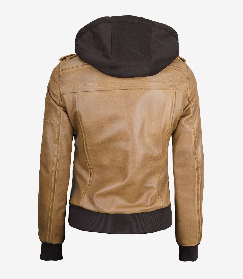 Womens Camel Brown Hooded Bomber Leather Jacket
