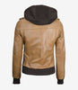 Womens Camel Brown Hooded Bomber Leather Jacket