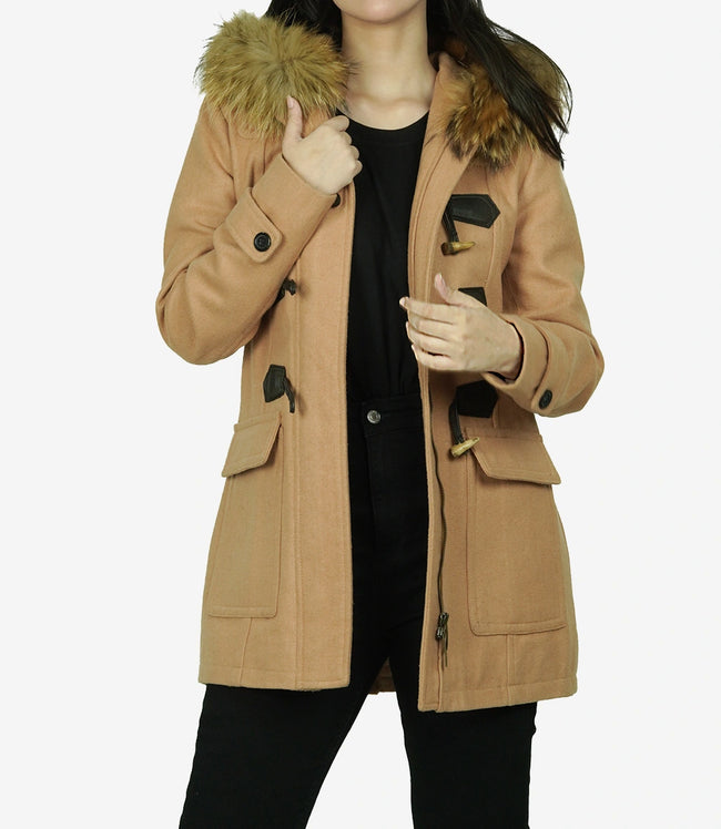Womens Camel Wool Coat With Fur Trim Hood