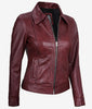 Womens Shirt Collar Maroon Leather Jacket