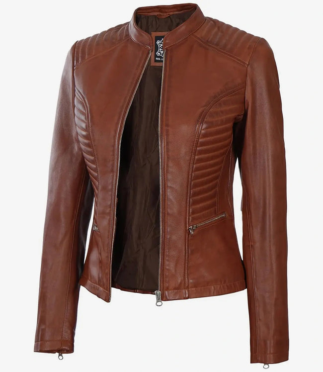 Womens Real Leather Cognac Biker Jacket