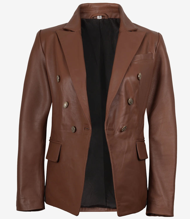 Double Breasted Cognac Leather Blazer Women