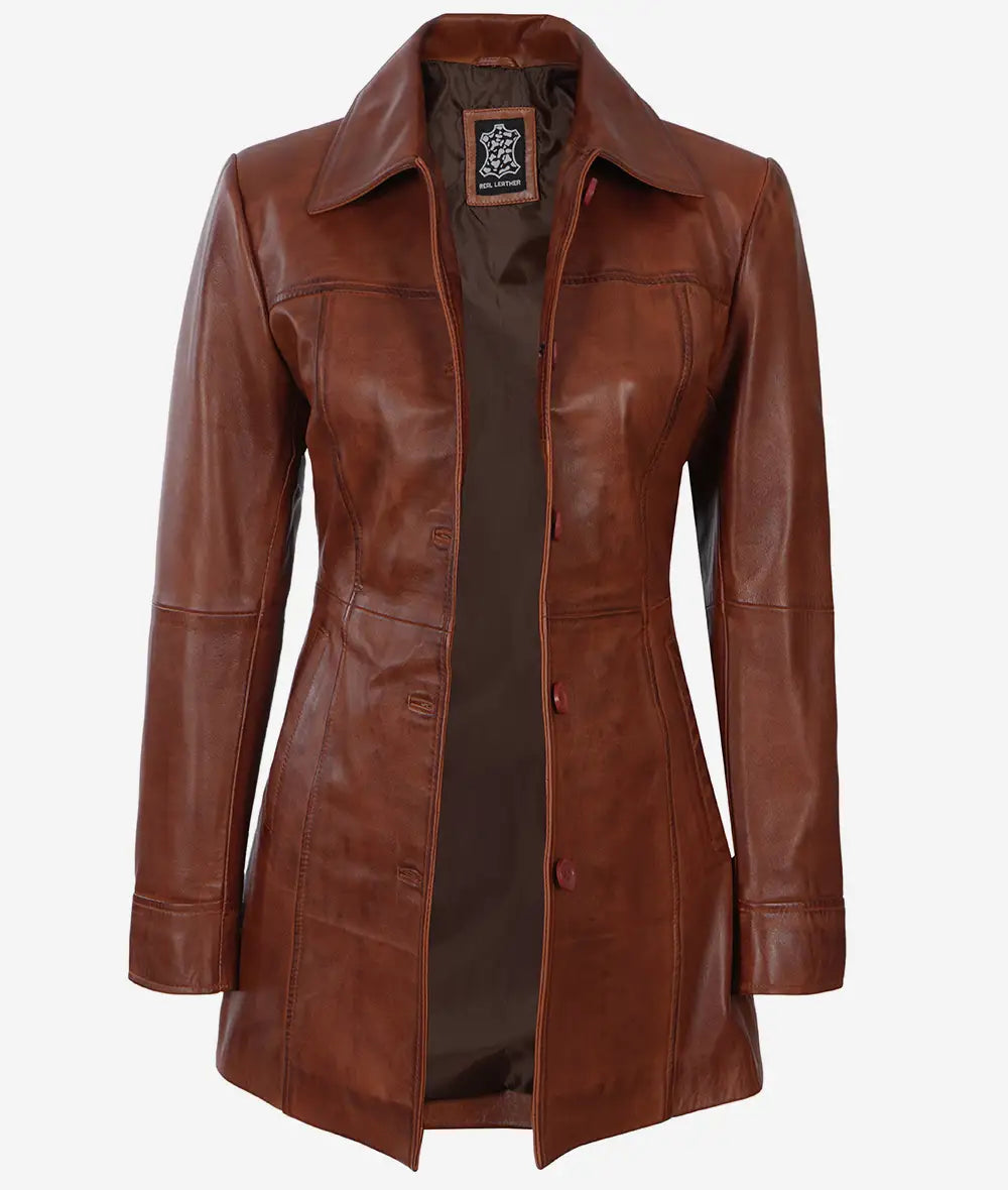 Womens Tall Cognac 3 Quarter Leather Coat