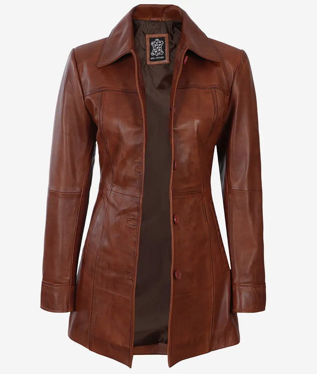 Womens Tall Cognac 3 Quarter Leather Coat