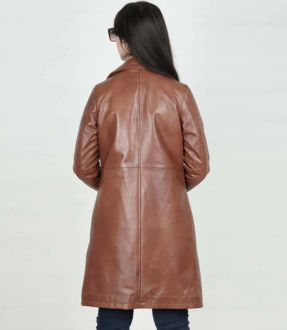 Women Long Cognac Leather Car Coat