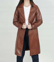 Women Long Cognac Leather Car Coat