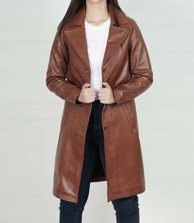 Women Long Cognac Leather Car Coat
