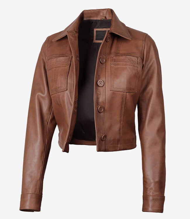 Womens Cropped Cognac Leather Jacket