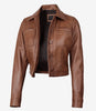 Womens Cropped Cognac Leather Jacket