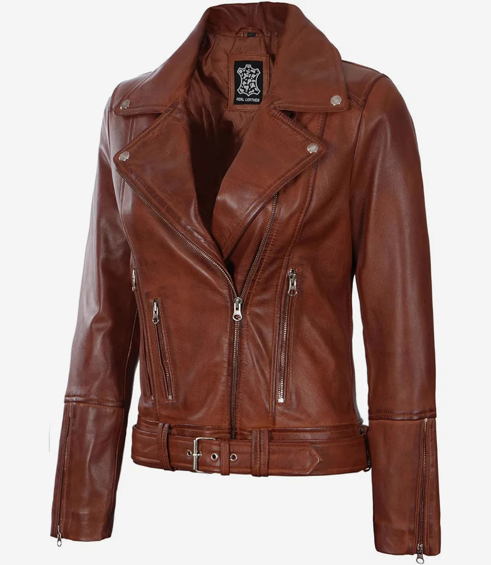 Womens Asymmetrical Moto Cognac Leather Jacket