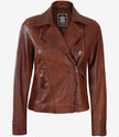 Cognac Asymmetrical Leather Biker Jacket Women