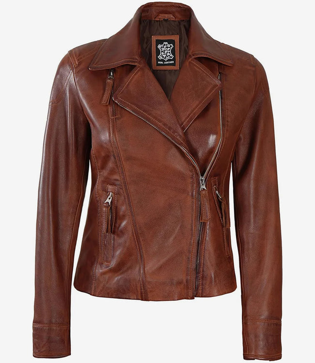 Cognac Asymmetrical Leather Biker Jacket Women